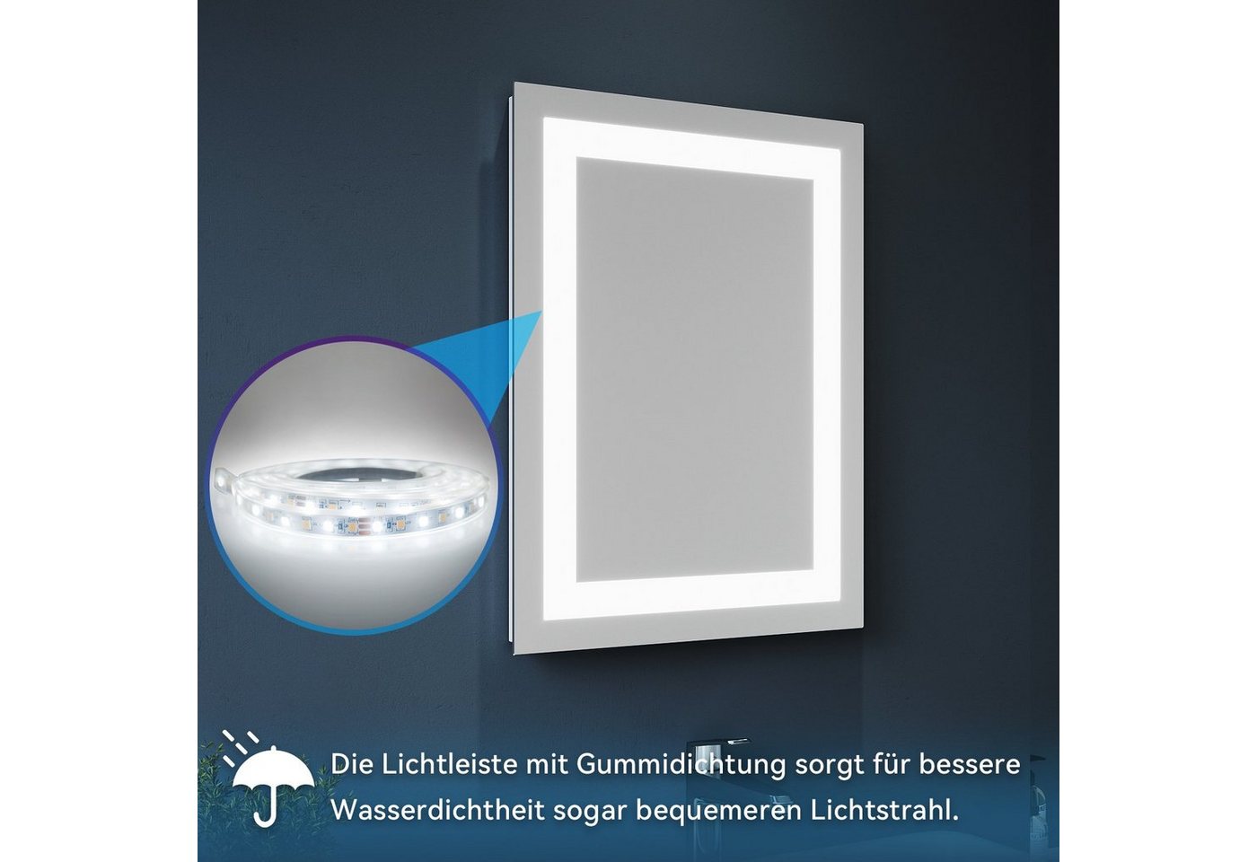 SONNI Badspiegel Badezimmerspiegel, Lichtspiegel mit Beleuchtung, 60×50 cm, Wandschalter, LED Badspiegel, Wandspiegel, Badspiegel, IP44
