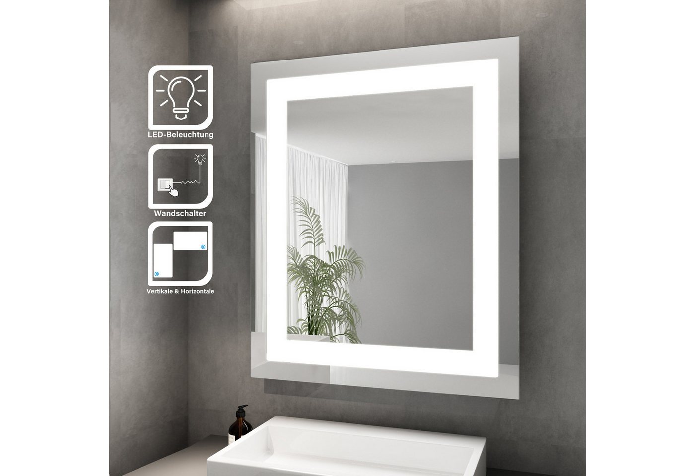SONNI Badspiegel Badezimmerspiegel, Lichtspiegel mit Beleuchtung, 60×50 cm, Wandschalter, LED Badspiegel, Wandspiegel, Badspiegel, IP44 Bild 3