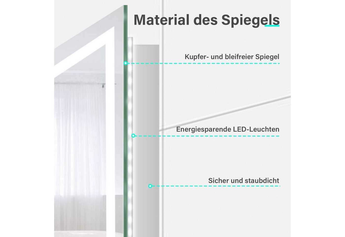 SONNI Badspiegel Badezimmerspiegel, Lichtspiegel mit Beleuchtung, 60×50 cm, Wandschalter, LED Badspiegel, Wandspiegel, Badspiegel, IP44 Bild 4