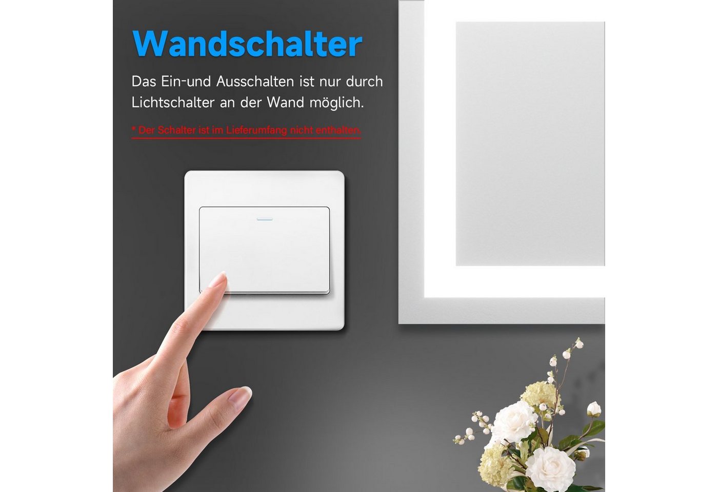 SONNI Badspiegel Badezimmerspiegel, Lichtspiegel mit Beleuchtung, 60×50 cm, Wandschalter, LED Badspiegel, Wandspiegel, Badspiegel, IP44 Bild 5
