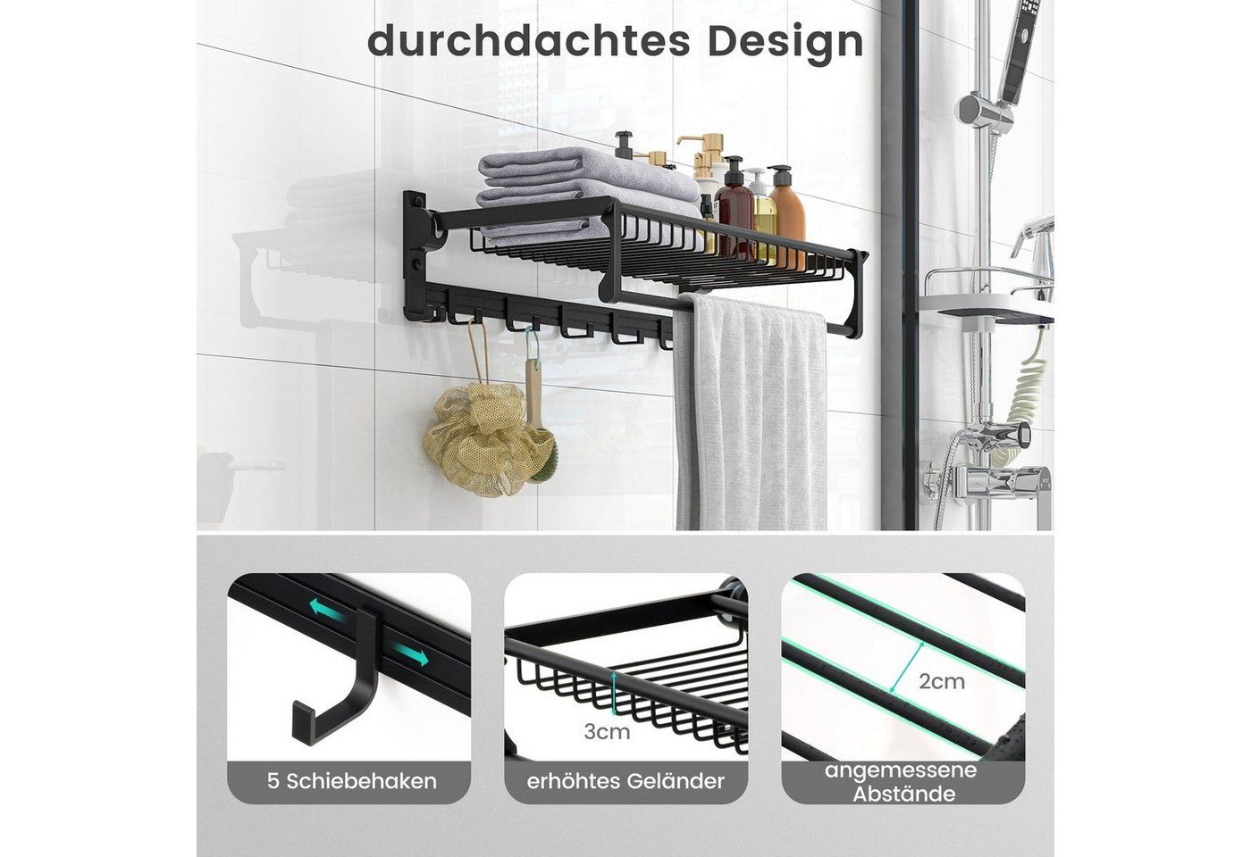 COSTWAY Handtuchhalter, ohne Bohren, klappbar, Wand, Alu, schwarz, 59,5cm