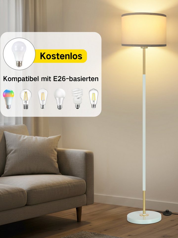 OUTON Stehlampe mit Fußschalter, 3 Farbtemperaturen, Leinenschirm, LED wechselbar, Gold/Schwarz Design, 152cm Bild 2