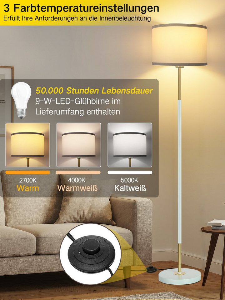 OUTON Stehlampe mit Fußschalter, 3 Farbtemperaturen, Leinenschirm, LED wechselbar, Gold/Schwarz Design, 152cm Bild 4