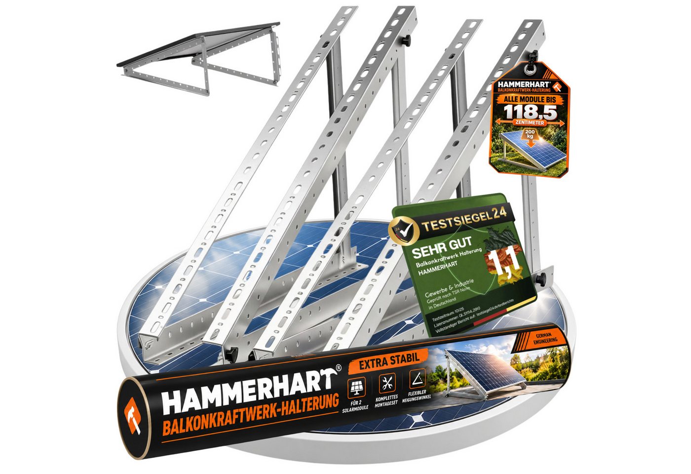HAMMERHART Solarmodul-Halterung 4x Balkonkraftwerk Halterung 114,5 cm, Verstellbar 0–90° Extra Robust, (bis 90 Zoll, Premium Solarmodul Halterung für alle gängigen Module, Solarpanel Halterung für Panele bis 114,5 cm)