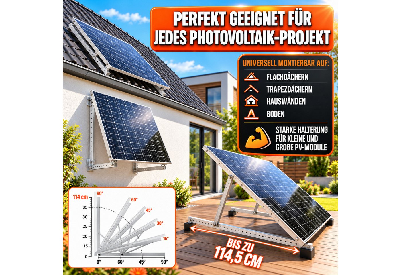 HAMMERHART Solarmodul-Halterung 4x Balkonkraftwerk Halterung 114,5 cm, Verstellbar 0–90° Extra Robust, (bis 90 Zoll, Premium Solarmodul Halterung für alle gängigen Module, Solarpanel Halterung für Panele bis 114,5 cm) Bild 2