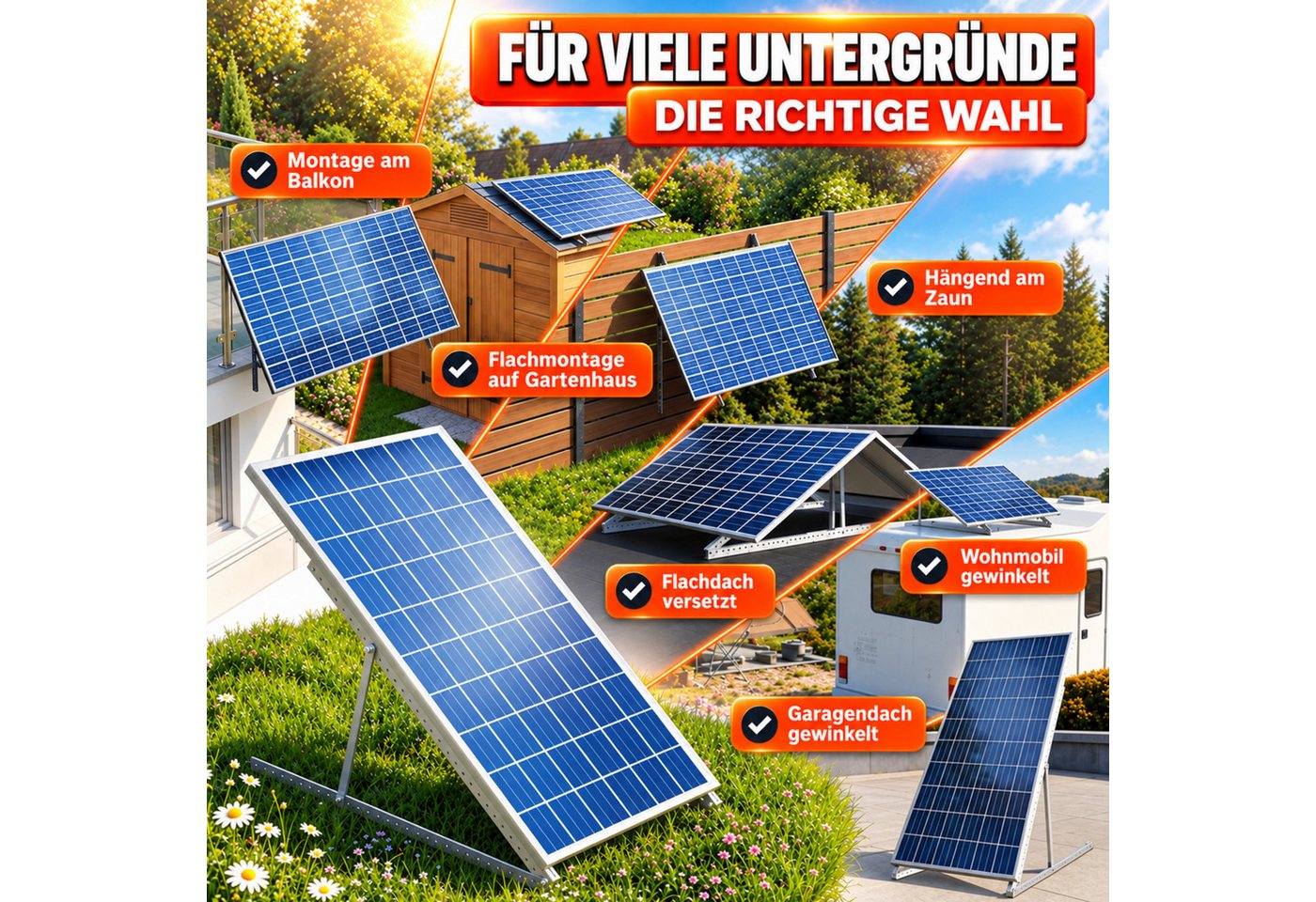 HAMMERHART Solarmodul-Halterung 4x Balkonkraftwerk Halterung 114,5 cm, Verstellbar 0–90° Extra Robust, (bis 90 Zoll, Premium Solarmodul Halterung für alle gängigen Module, Solarpanel Halterung für Panele bis 114,5 cm) Bild 3