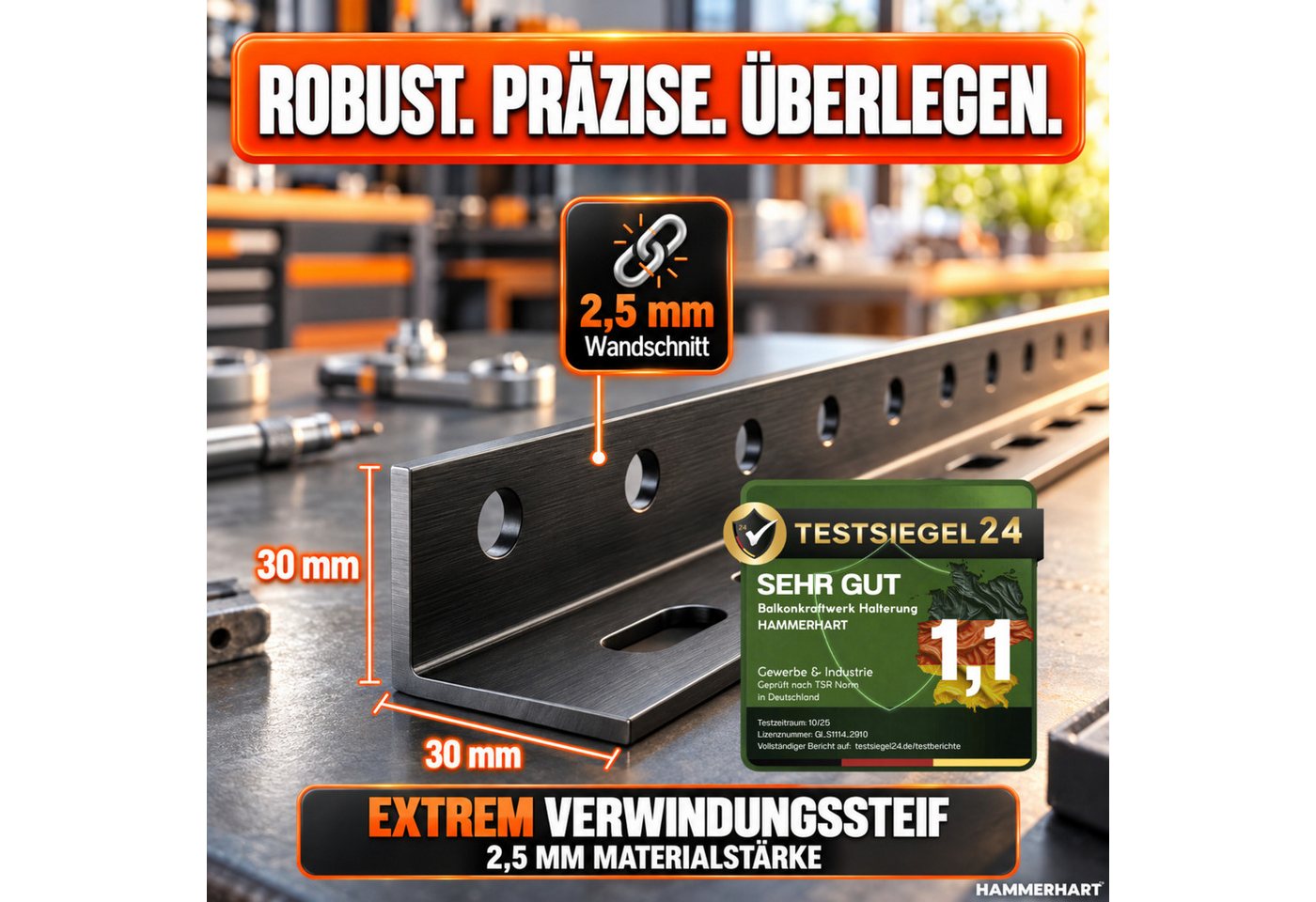 HAMMERHART Solarmodul-Halterung 4x Balkonkraftwerk Halterung 114,5 cm, Verstellbar 0–90° Extra Robust, (bis 90 Zoll, Premium Solarmodul Halterung für alle gängigen Module, Solarpanel Halterung für Panele bis 114,5 cm) Bild 4