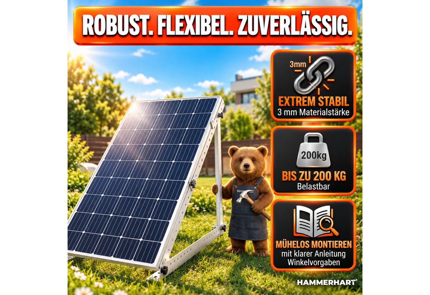 HAMMERHART Solarmodul-Halterung 4x Balkonkraftwerk Halterung 114,5 cm, Verstellbar 0–90° Extra Robust, (bis 90 Zoll, Premium Solarmodul Halterung für alle gängigen Module, Solarpanel Halterung für Panele bis 114,5 cm) Bild 5