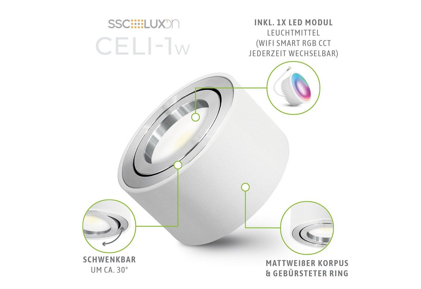 SSC-LUXon LED Aufbaustrahler CELI-1W Aufbauleuchte flach weiss schwenkbar mit RGB WLAN LED dimmbar, Warmweiß bis Tageslicht