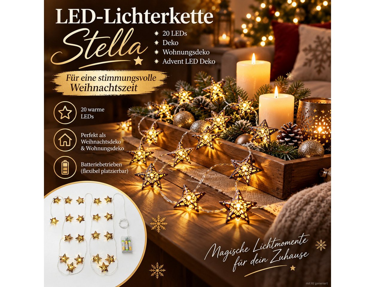 Weltbild LED-Lichterkette Stella Weihnachten 20 LEDs Weihnachtsdeko Adventsdeko LED Lichterkette, Wohnungsdeko Tischdeko Fensterdeko Dekobeleuchtung