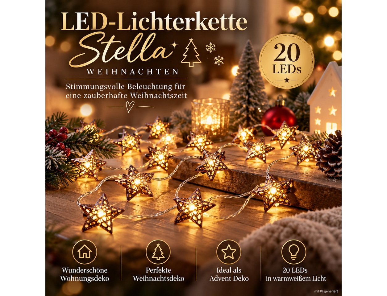 Weltbild LED-Lichterkette Stella Weihnachten 20 LEDs Weihnachtsdeko Adventsdeko LED Lichterkette, Wohnungsdeko Tischdeko Fensterdeko Dekobeleuchtung Bild 2