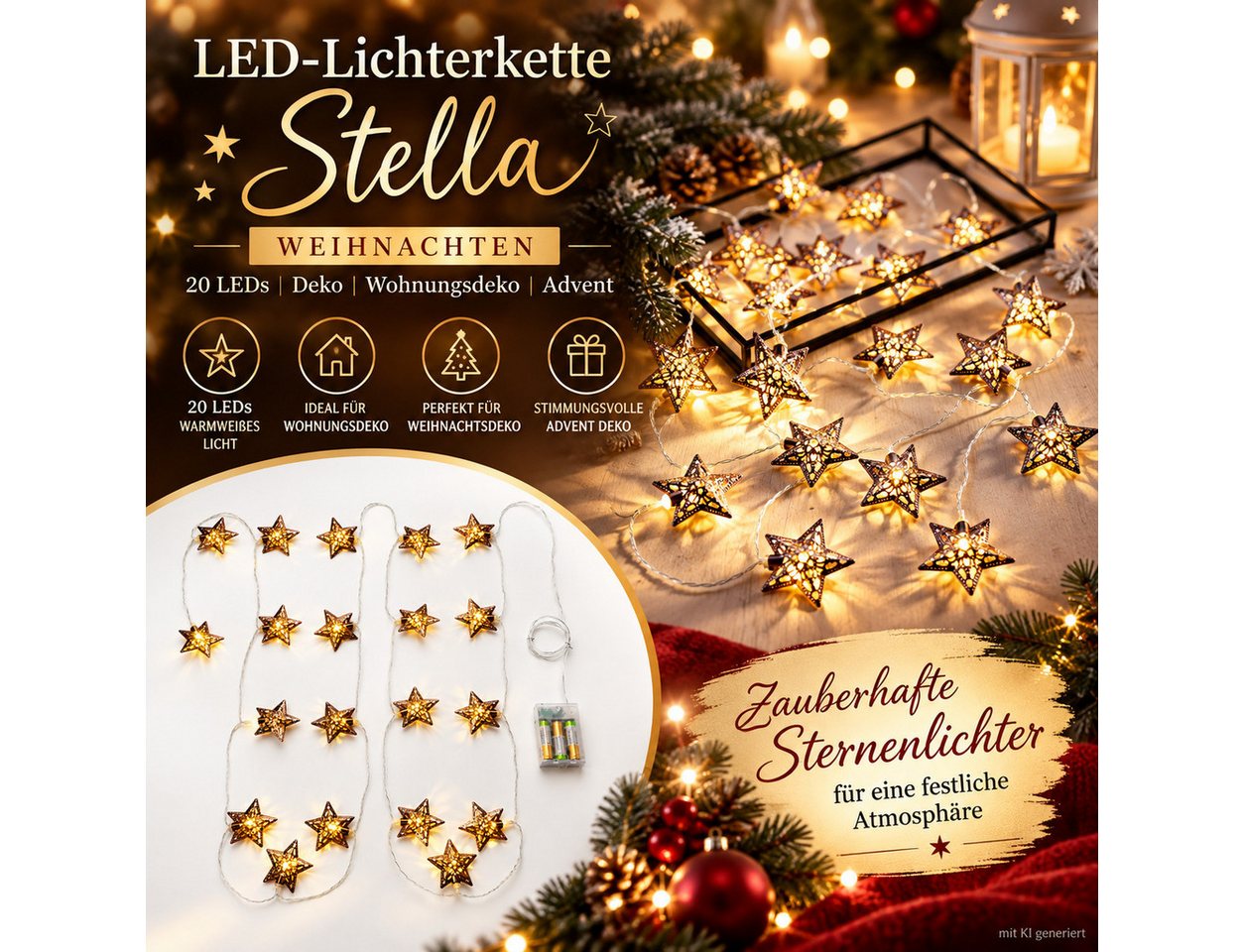 Weltbild LED-Lichterkette Stella Weihnachten 20 LEDs Weihnachtsdeko Adventsdeko LED Lichterkette, Wohnungsdeko Tischdeko Fensterdeko Dekobeleuchtung Bild 3