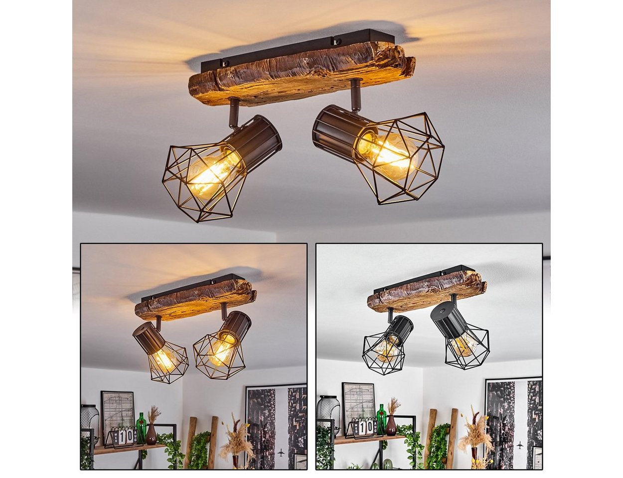 hofstein Deckenleuchte »Pomari« Deckenlampe aus Metall in Schwarz/Holzoptik, ohne Leuchtmittel, Spot im Retro/Vintage Design m. verstellbaren Schirmen, 2xE27 Bild 5