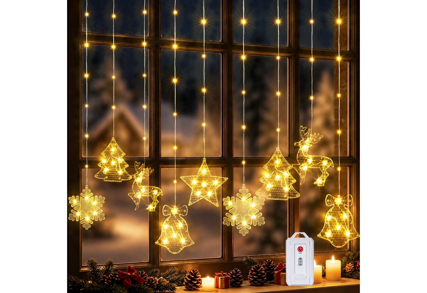 Quntis Lichterkette Lichterkette Weihnachtsdeko Fenster Warmweiß/Bunt, Timer 8 Modi, 1,6M 106LEDs Fensterbilder für Innen/Außen/Fenster Weihanchten Deko