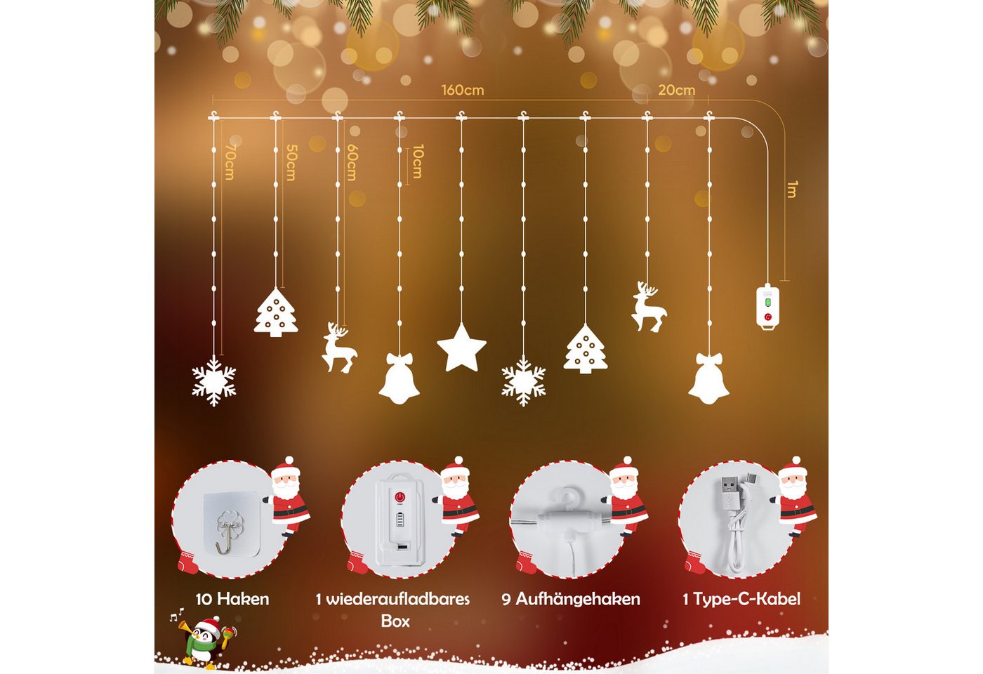 Quntis Lichterkette Lichterkette Weihnachtsdeko Fenster Warmweiß/Bunt, Timer 8 Modi, 1,6M 106LEDs Fensterbilder für Innen/Außen/Fenster Weihanchten Deko Bild 2