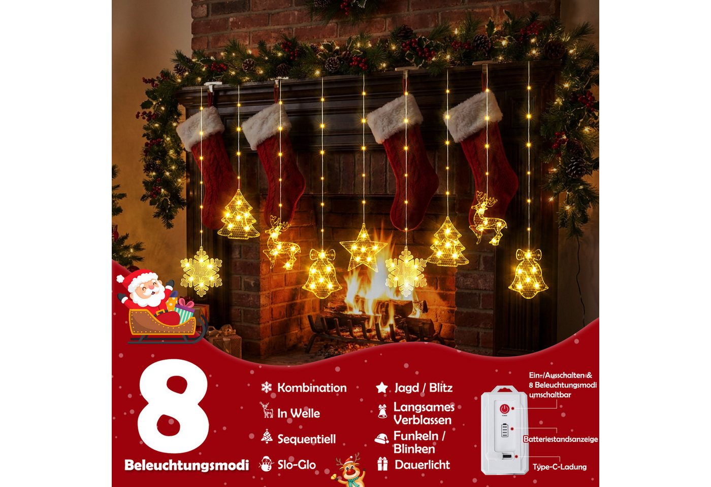 Quntis Lichterkette Lichterkette Weihnachtsdeko Fenster Warmweiß/Bunt, Timer 8 Modi, 1,6M 106LEDs Fensterbilder für Innen/Außen/Fenster Weihanchten Deko Bild 4