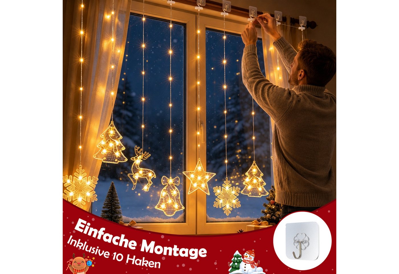 Quntis Lichterkette Lichterkette Weihnachtsdeko Fenster Warmweiß/Bunt, Timer 8 Modi, 1,6M 106LEDs Fensterbilder für Innen/Außen/Fenster Weihanchten Deko Bild 5