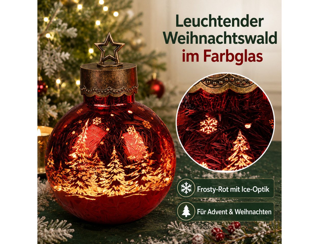 formano LED Dekolicht XXL Glas-Kugel Frosty Rot 30 cm Timer 6h/18h Weihnachten Herbst Deko, LED fest integriert Bild 2