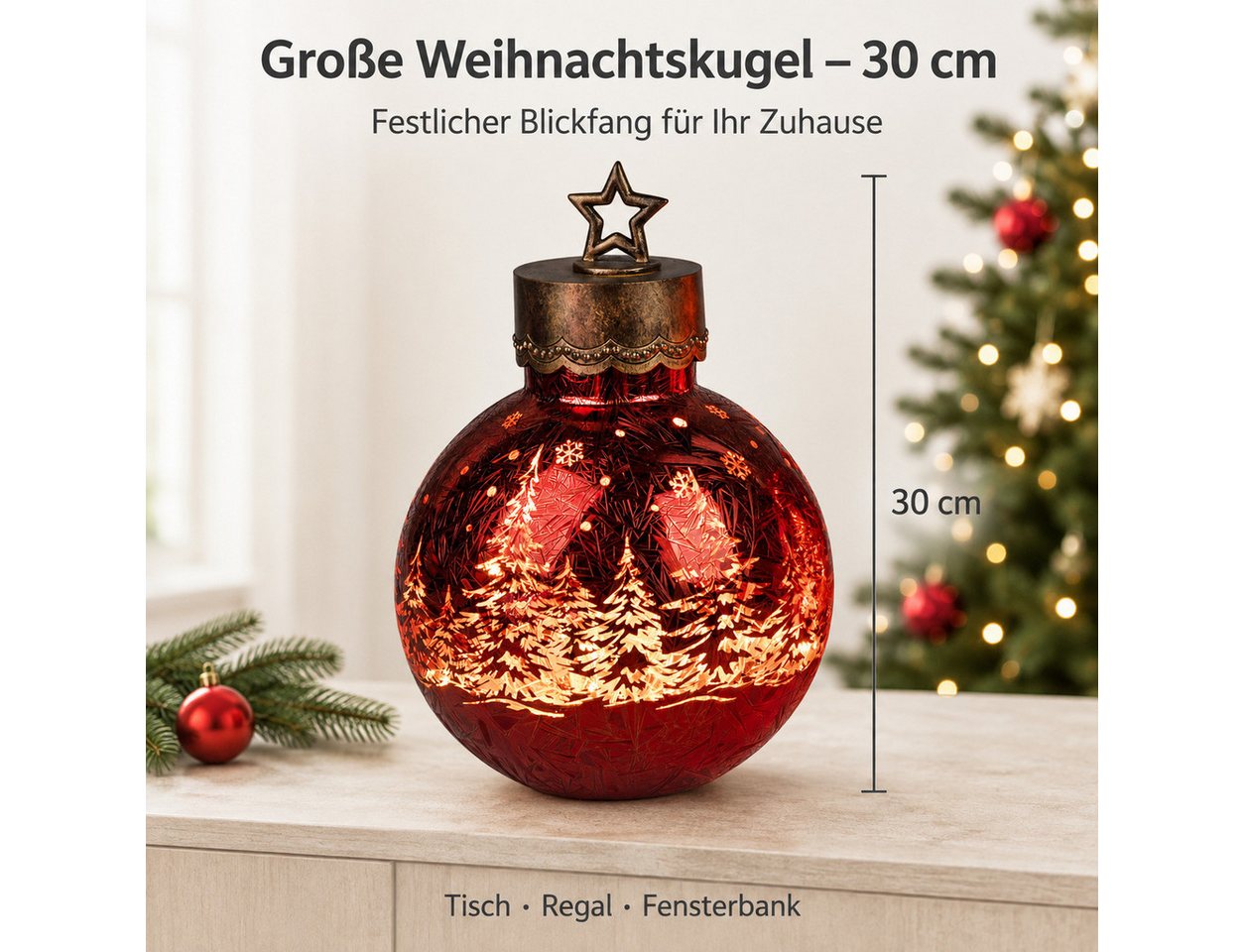 formano LED Dekolicht XXL Glas-Kugel Frosty Rot 30 cm Timer 6h/18h Weihnachten Herbst Deko, LED fest integriert Bild 5