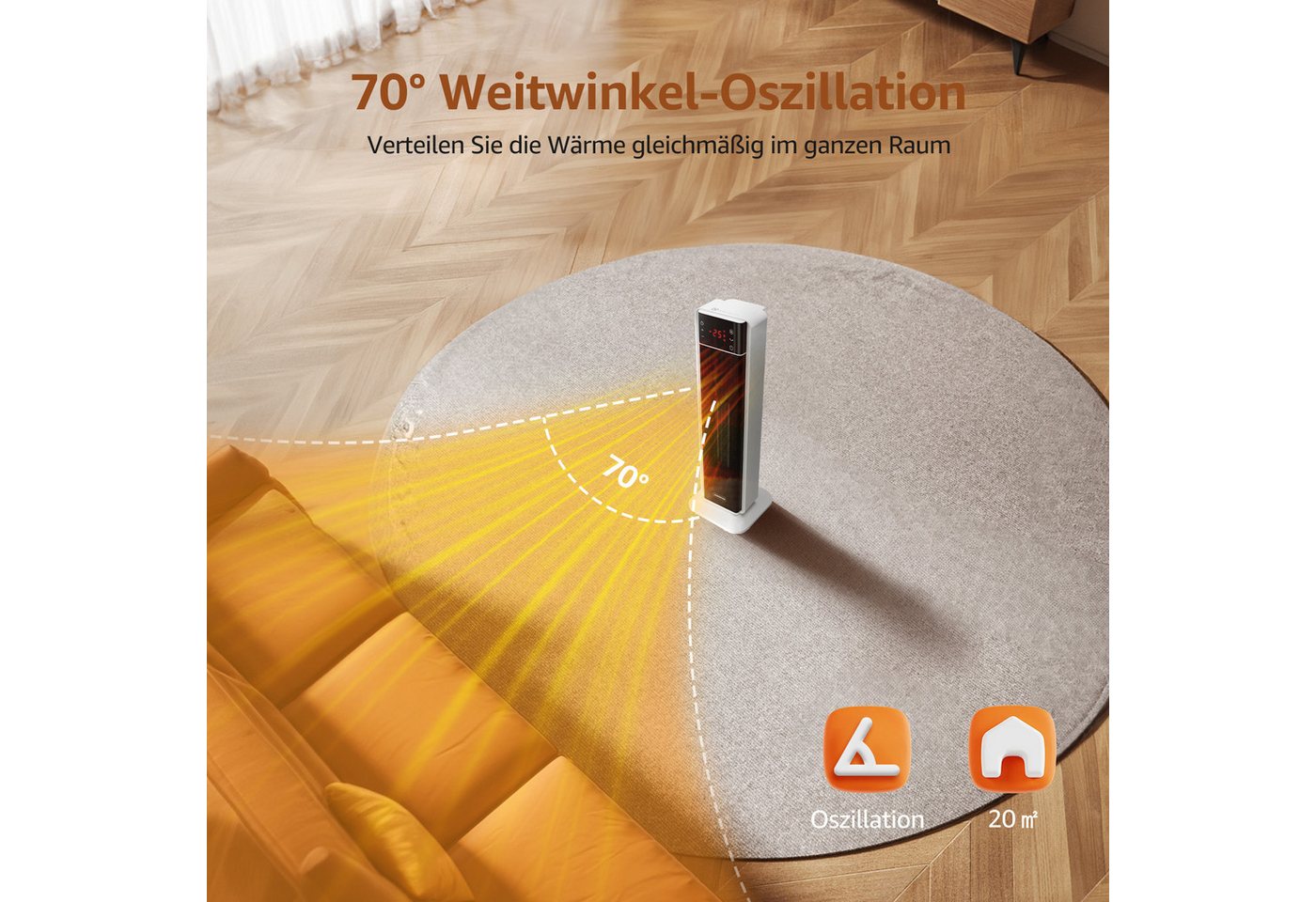 Aigostar Keramikheizlüfter Energiesparend PTC Heizlüfter mit Thermostat Heizung und Fernbedienung, 2000 W, 70° Oszillation, 24H Timer, LED-Anzeige, Überhitzungs- & Kippschutz