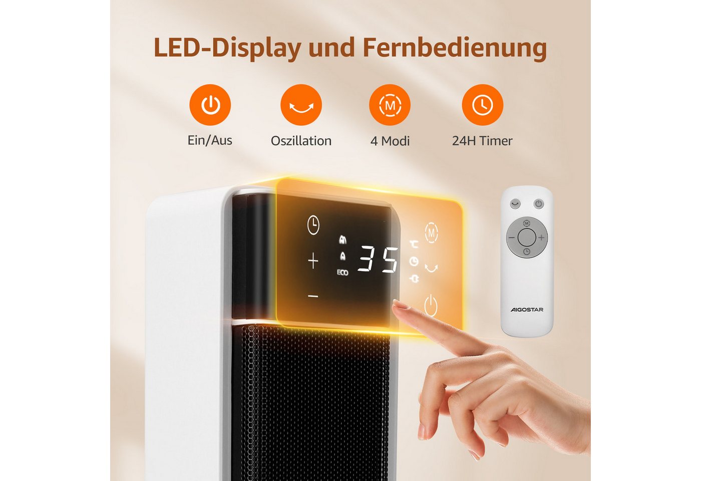 Aigostar Keramikheizlüfter Energiesparend PTC Heizlüfter mit Thermostat Heizung und Fernbedienung, 2000 W, 70° Oszillation, 24H Timer, LED-Anzeige, Überhitzungs- & Kippschutz Bild 2