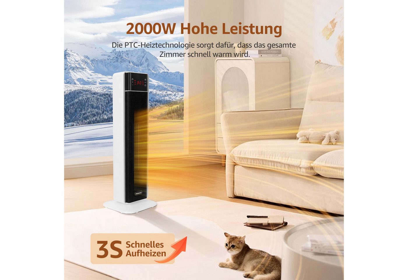 Aigostar Keramikheizlüfter Energiesparend PTC Heizlüfter mit Thermostat Heizung und Fernbedienung, 2000 W, 70° Oszillation, 24H Timer, LED-Anzeige, Überhitzungs- & Kippschutz Bild 5