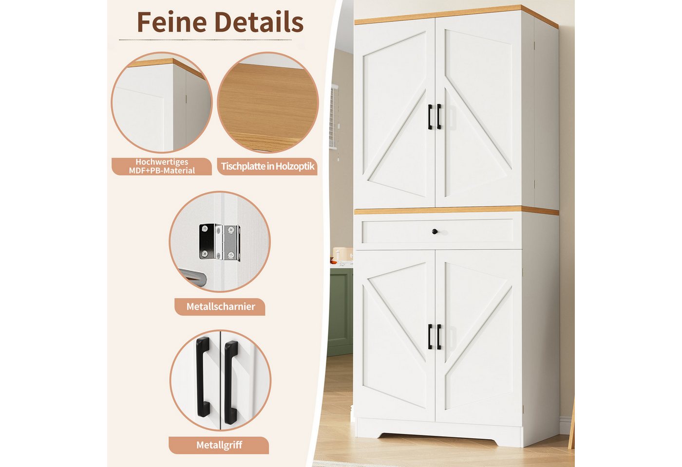 Odikalo Küchenbuffet Küchenschrank Hochschrank mit Stauraum (Hochwertiger Küchenschrank mit 12 Türfächern & Schubladen (80x40x180cm), Moderner Snack-Aufbewahrungsschrank aus MDF & Spanplatte,Buffetschrank für Esszimmer, Küche, Wohnzimmer) Bild 4