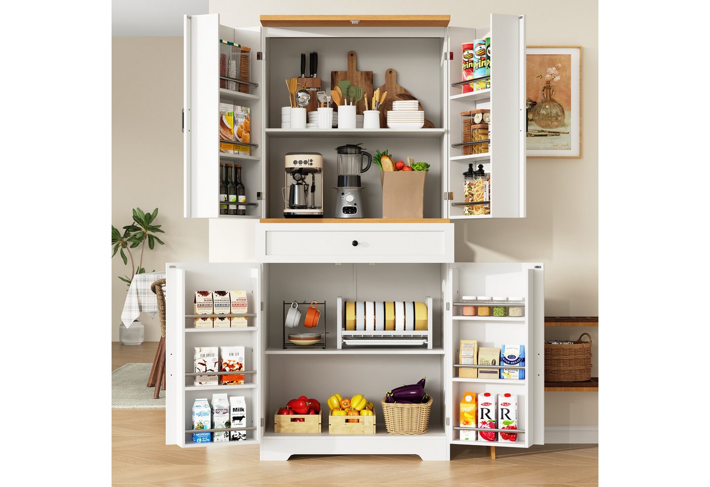 Odikalo Küchenbuffet Küchenschrank Hochschrank mit Stauraum (Hochwertiger Küchenschrank mit 12 Türfächern & Schubladen (80x40x180cm), Moderner Snack-Aufbewahrungsschrank aus MDF & Spanplatte,Buffetschrank für Esszimmer, Küche, Wohnzimmer) Bild 5