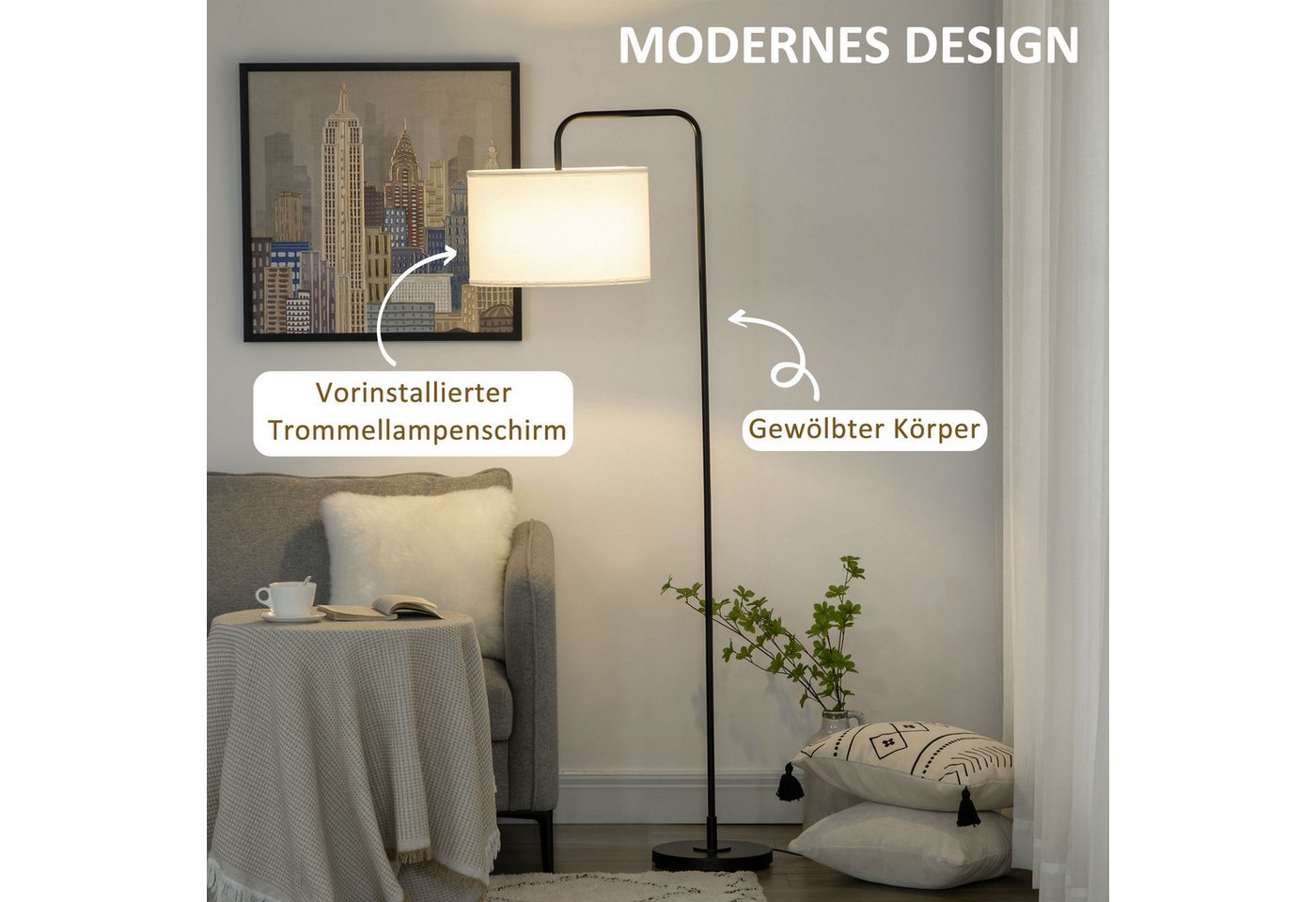 furnicato Stehlampe Moderne 64L x 38B x 163,5H cm in Weiß+Schwarz, Floorglampe mit Fußschalter, Leinen-Stoffschirm für das Wohnzimmer