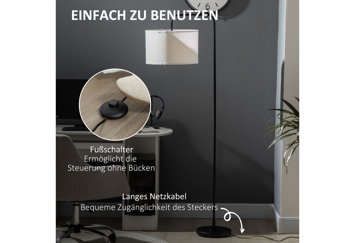 furnicato Stehlampe Moderne 64L x 38B x 163,5H cm in Weiß+Schwarz, Floorglampe mit Fußschalter, Leinen-Stoffschirm für das Wohnzimmer Bild 4