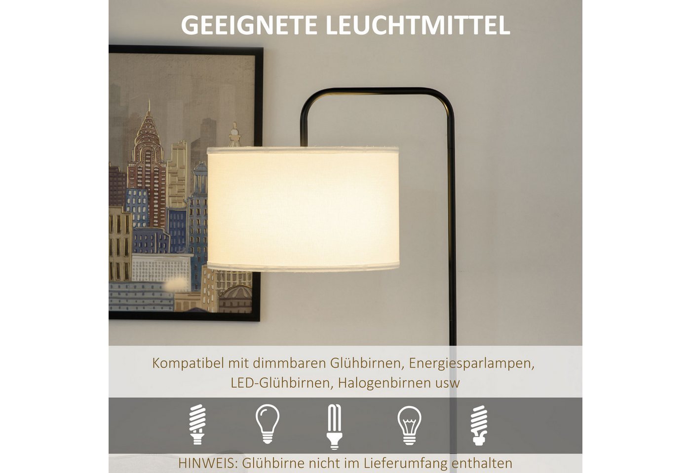 furnicato Stehlampe Moderne 64L x 38B x 163,5H cm in Weiß+Schwarz, Floorglampe mit Fußschalter, Leinen-Stoffschirm für das Wohnzimmer Bild 5