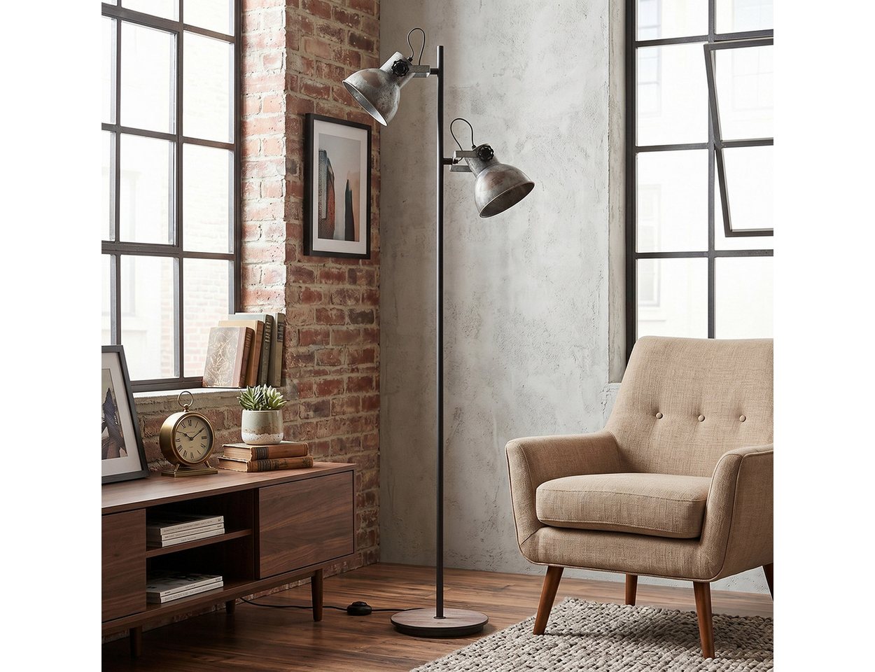 hofstein Stehlampe Stehlampe aus Metall/MDF in Schwarz/Holzoptik/Weiß/Rost/Stahl, 2 x E27, verstellbare Stehleuchte im Retro/Industrial-Design mit Fußschalter