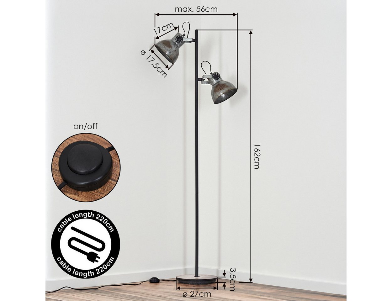hofstein Stehlampe Stehlampe aus Metall/MDF in Schwarz/Holzoptik/Weiß/Rost/Stahl, 2 x E27, verstellbare Stehleuchte im Retro/Industrial-Design mit Fußschalter Bild 2