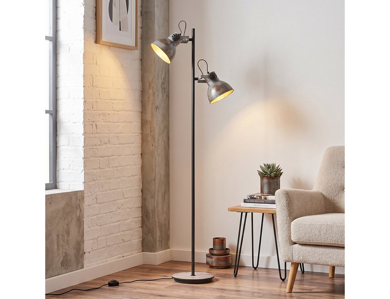 hofstein Stehlampe Stehlampe aus Metall/MDF in Schwarz/Holzoptik/Weiß/Rost/Stahl, 2 x E27, verstellbare Stehleuchte im Retro/Industrial-Design mit Fußschalter Bild 4