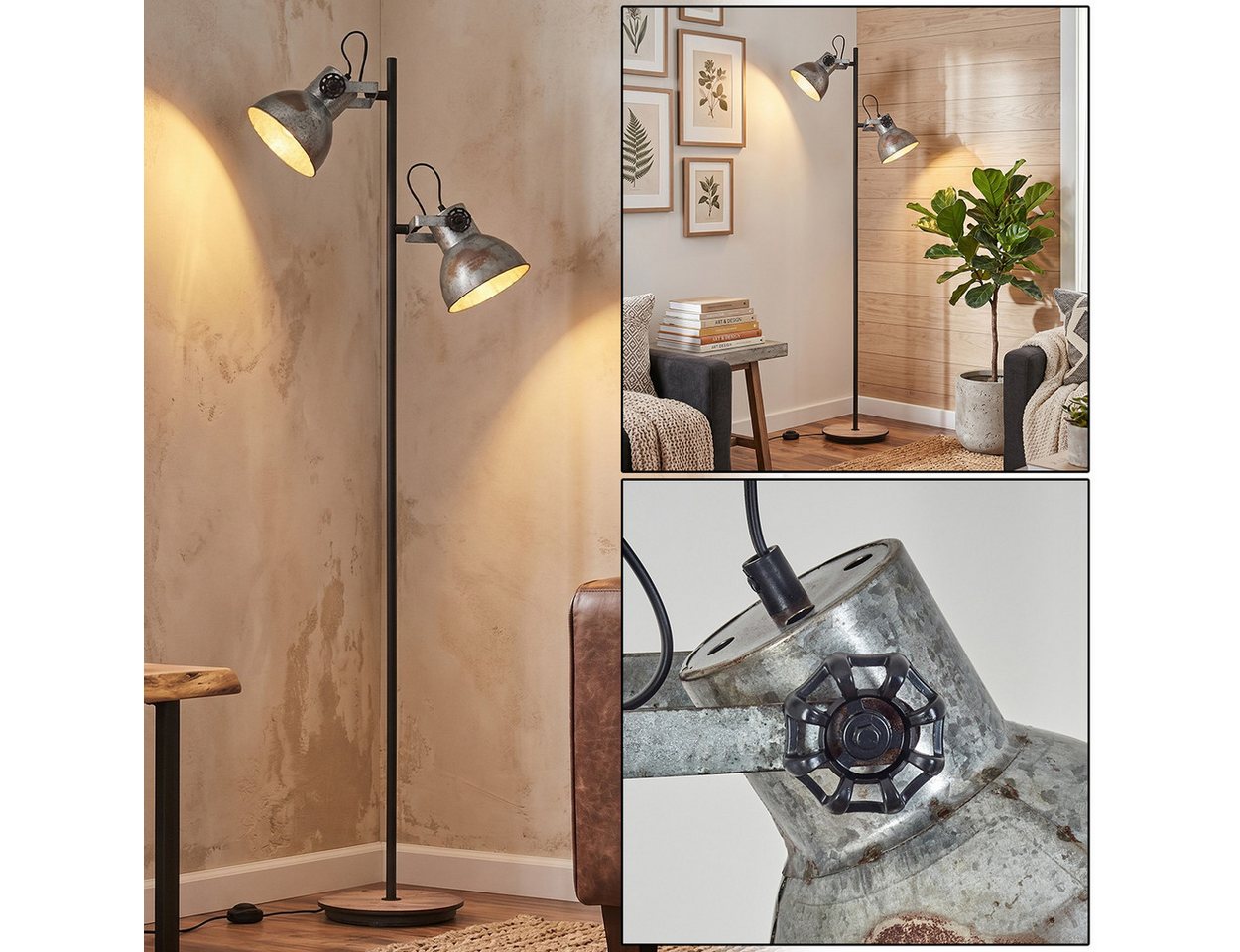hofstein Stehlampe Stehlampe aus Metall/MDF in Schwarz/Holzoptik/Weiß/Rost/Stahl, 2 x E27, verstellbare Stehleuchte im Retro/Industrial-Design mit Fußschalter Bild 5