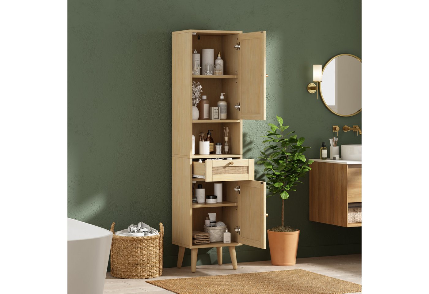 Merax Badkommode freistehender Badezimmerschrank mit Rattan-Türen & Soft-Close (40 × 30 × 166 cm, 1 St., Badezimmermöbel mit wendbarem Links-Rechts-Türdesign), Hochschrank mit Schublade, offenen Ablagen,Magnetverschluss,Kippschutz