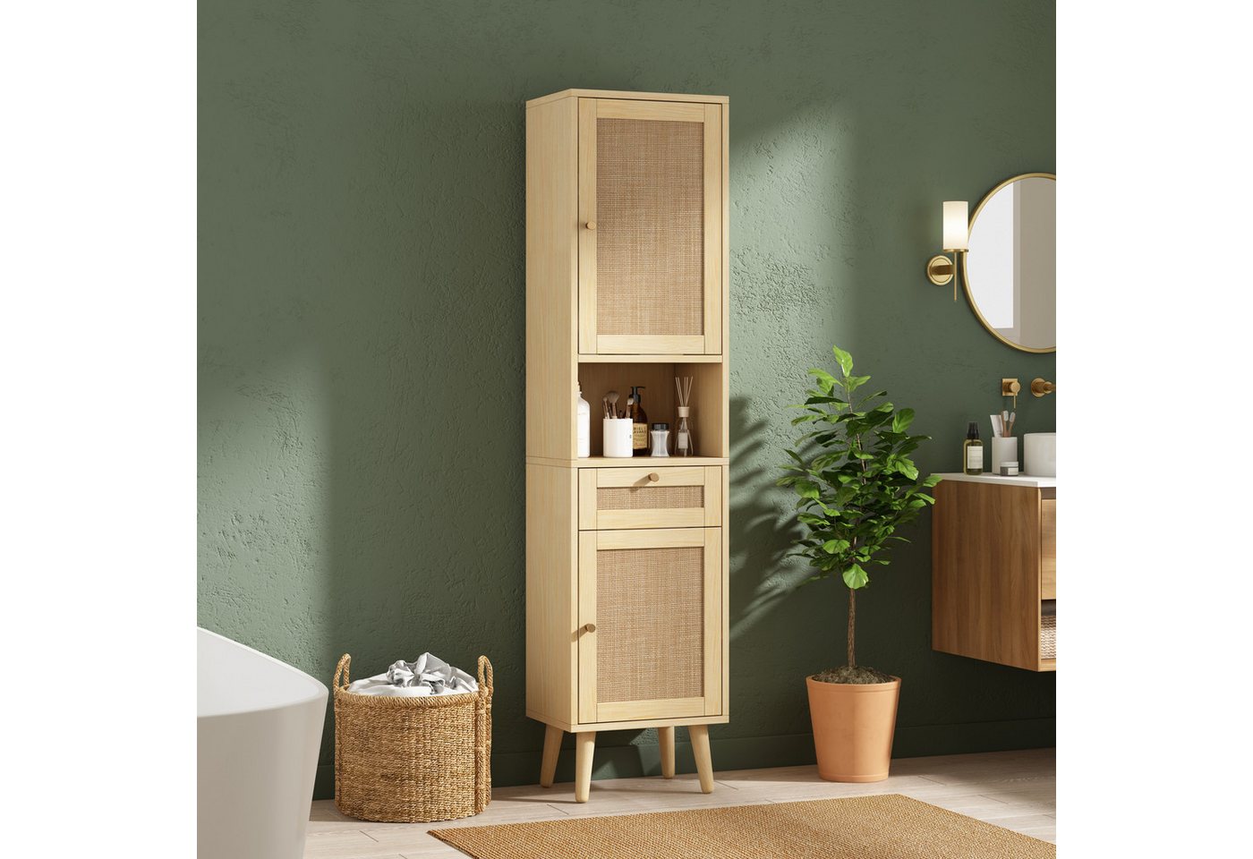 Merax Badkommode freistehender Badezimmerschrank mit Rattan-Türen & Soft-Close (40 × 30 × 166 cm, 1 St., Badezimmermöbel mit wendbarem Links-Rechts-Türdesign), Hochschrank mit Schublade, offenen Ablagen,Magnetverschluss,Kippschutz Bild 2