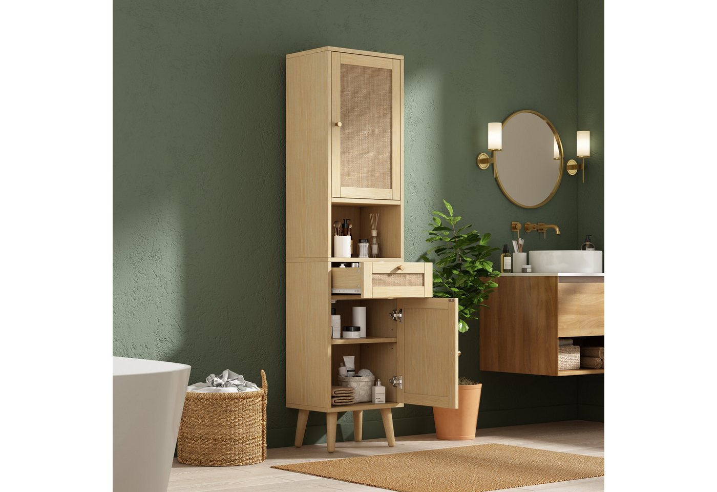 Merax Badkommode freistehender Badezimmerschrank mit Rattan-Türen & Soft-Close (40 × 30 × 166 cm, 1 St., Badezimmermöbel mit wendbarem Links-Rechts-Türdesign), Hochschrank mit Schublade, offenen Ablagen,Magnetverschluss,Kippschutz Bild 3