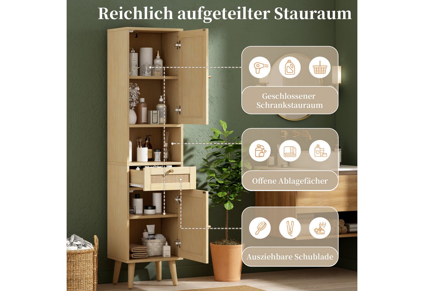 Merax Badkommode freistehender Badezimmerschrank mit Rattan-Türen & Soft-Close (40 × 30 × 166 cm, 1 St., Badezimmermöbel mit wendbarem Links-Rechts-Türdesign), Hochschrank mit Schublade, offenen Ablagen,Magnetverschluss,Kippschutz Bild 4