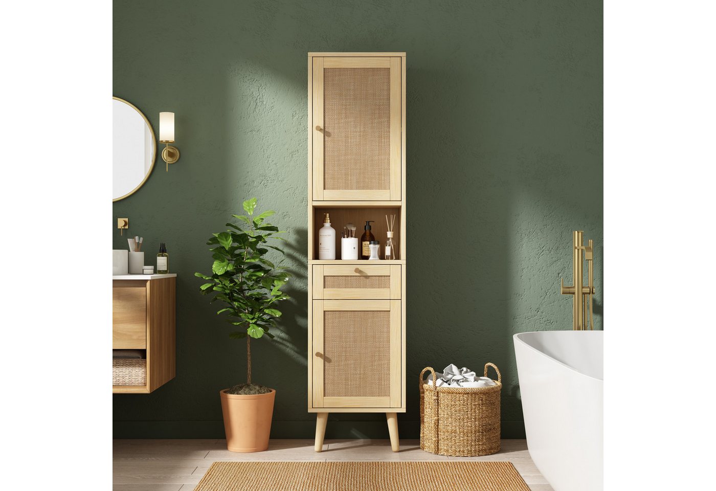 Merax Badkommode freistehender Badezimmerschrank mit Rattan-Türen & Soft-Close (40 × 30 × 166 cm, 1 St., Badezimmermöbel mit wendbarem Links-Rechts-Türdesign), Hochschrank mit Schublade, offenen Ablagen,Magnetverschluss,Kippschutz Bild 5