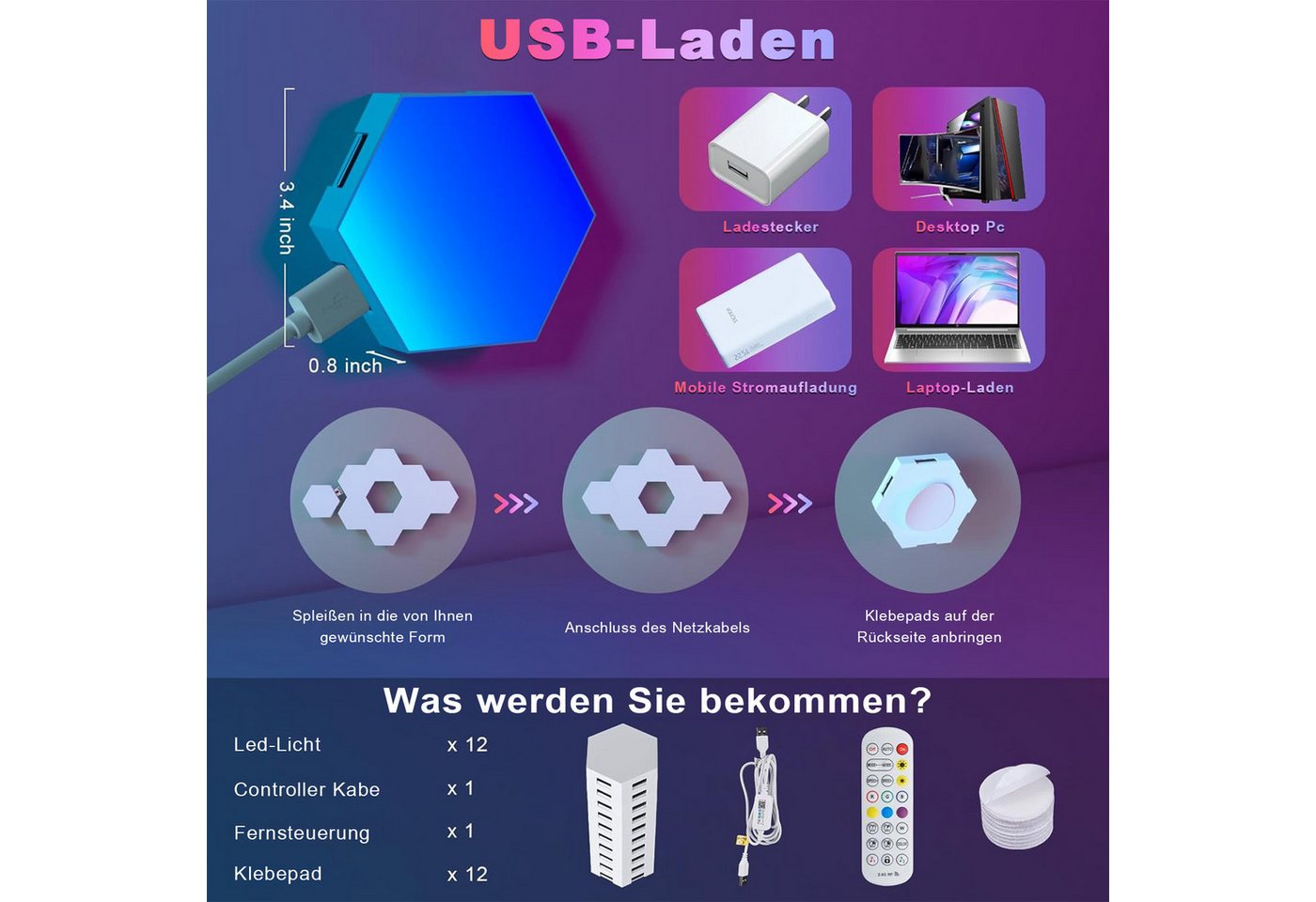 skelo LED Wandleuchte LED Sechseck Gaming Wandleuchte, 6-20PCS Hexagon RGB LED Panel, Gamer Lampe, LED fest integriert, RGB, 16 Millionen Farben, RGB-Technologie, weiche Beleuchtung ohne Flackern Bild 2