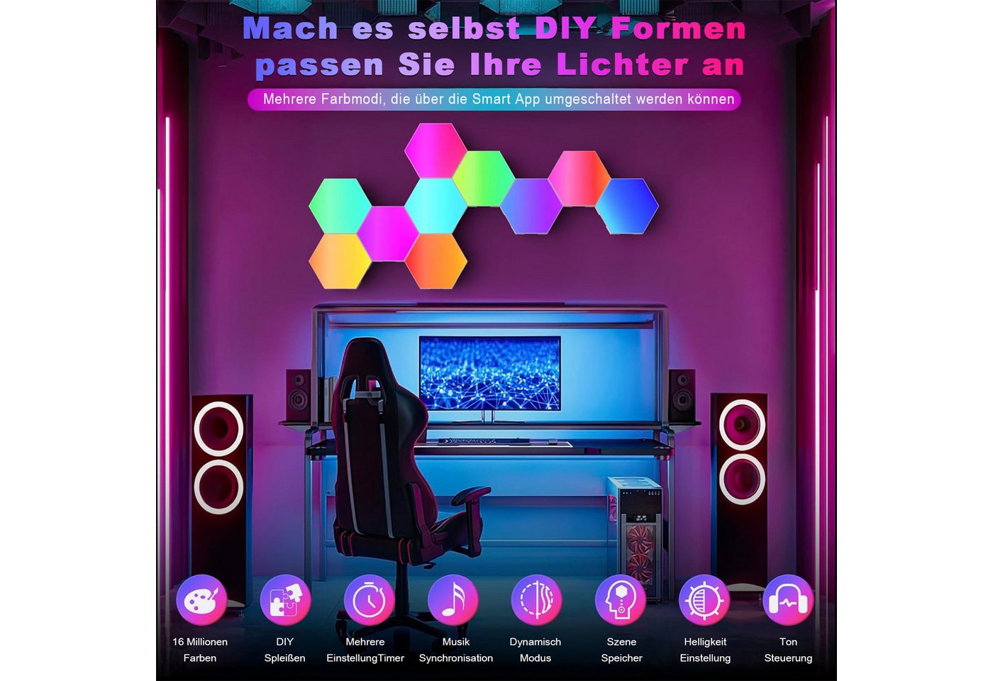 skelo LED Wandleuchte LED Sechseck Gaming Wandleuchte, 6-20PCS Hexagon RGB LED Panel, Gamer Lampe, LED fest integriert, RGB, 16 Millionen Farben, RGB-Technologie, weiche Beleuchtung ohne Flackern Bild 4