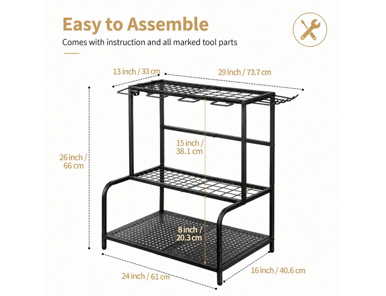 ibettertec Gartengerätehalter Metall Gartengerätehalter Werkzeugregal mit 11 Haken 74×41×66cm, (mit 3 Ebenen,platzsparend,stabil, rostfrei,hohe Tragkraft)