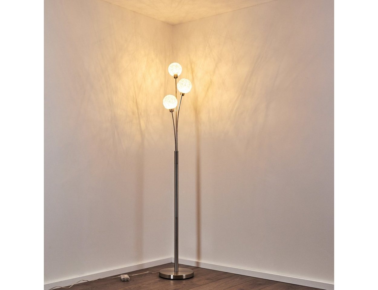 hofstein Stehlampe »Lerici« Stehleuchte Nickel-matt/Silberfarben, stufenlos dimmbar, ohne Leuchtmittel, mit 3 DrahtKugeln, G9, mit Fußschalter