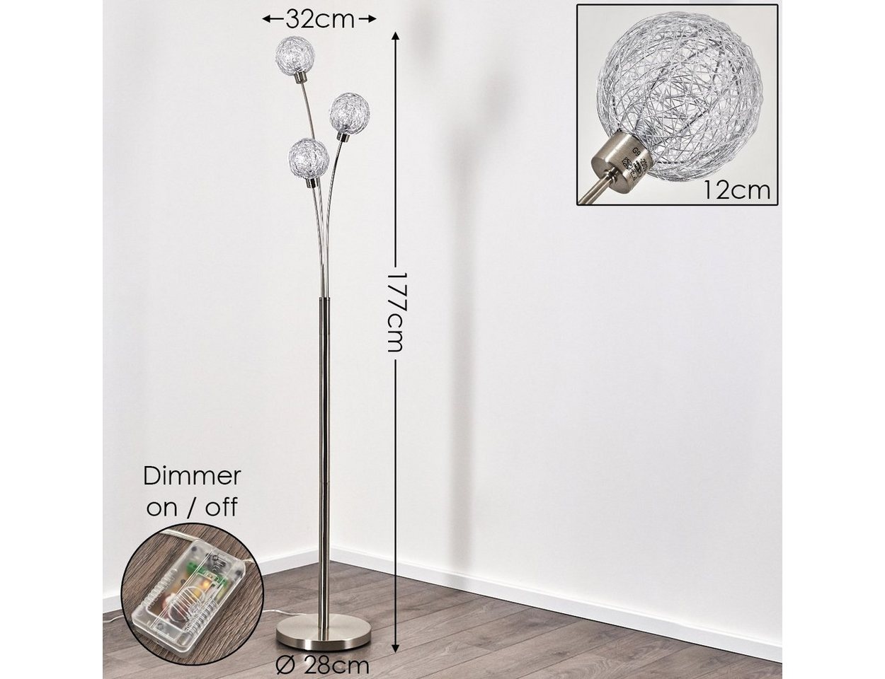 hofstein Stehlampe »Lerici« Stehleuchte Nickel-matt/Silberfarben, stufenlos dimmbar, ohne Leuchtmittel, mit 3 DrahtKugeln, G9, mit Fußschalter Bild 2