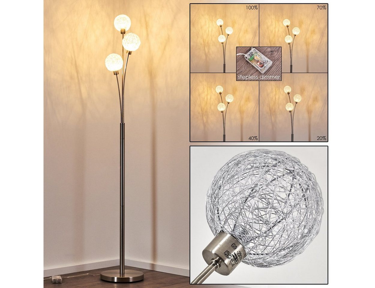 hofstein Stehlampe »Lerici« Stehleuchte Nickel-matt/Silberfarben, stufenlos dimmbar, ohne Leuchtmittel, mit 3 DrahtKugeln, G9, mit Fußschalter Bild 4