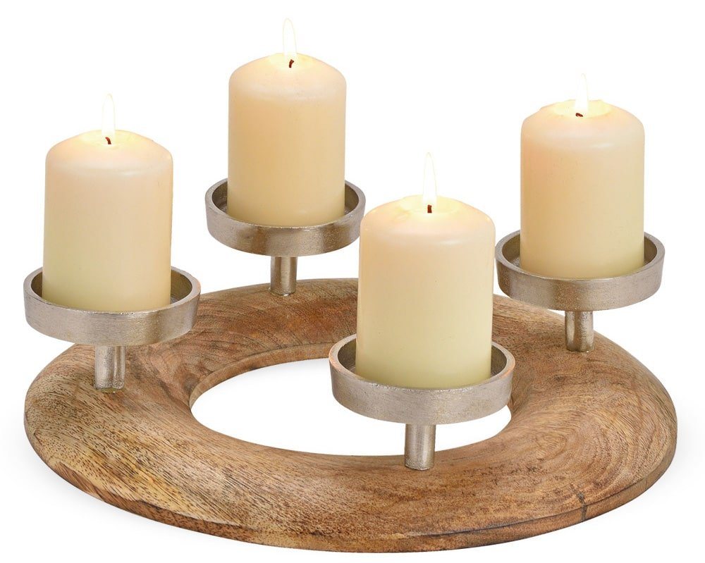 matches21 HOME & HOBBY Bilderrahmen Holz Adventskranz rund mit Deko Metall Kerzen-Halter natur Ø 30 cm, Kerzenhalter Kranz als Stumpenkerzen Advent Weihnachten Tischdeko