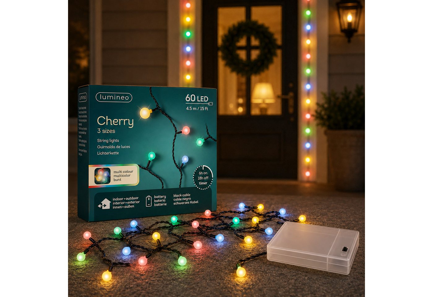 Lumineo LED-Lichterkette, LED Lichterkette Cherry 4,5m Batterie 60 LEDs Bunt / Schwarz Bild 2