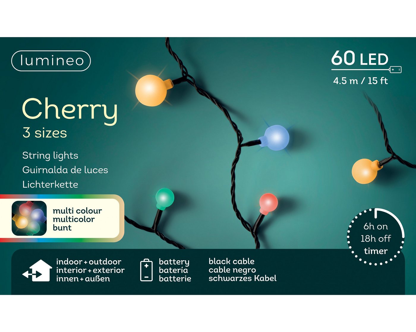 Lumineo LED-Lichterkette, LED Lichterkette Cherry 4,5m Batterie 60 LEDs Bunt / Schwarz Bild 3