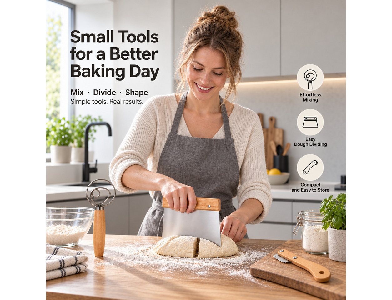 GLIESE POWER Back-Set 3-teilig – Dänischer Schneebesen, Teigschaber & Brotmesser, Naturholz-Griffe, Edelstahl, 3-teilig, leicht zu reinigen